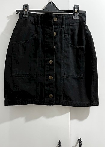 Düğmeli Siyah Denim Mini Etek