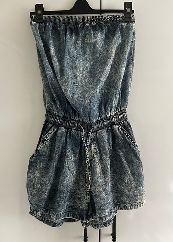 Batik Desenli Kot Görünümlü Tulum - Kemerli, Midi