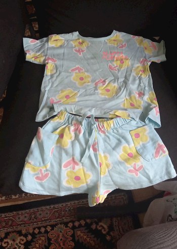 Mavi Çiçek Desenli Kısa Kollu Mini Pijama Takımı