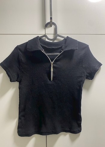 Fermuarlı Siyah Polo Yaka Crop
