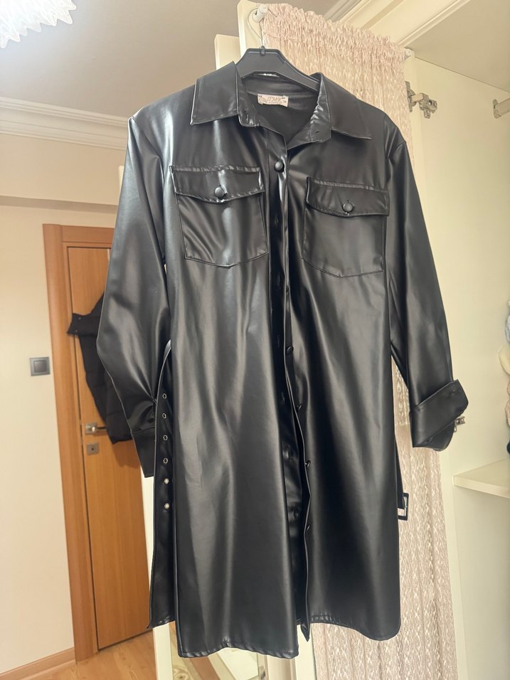 Kemerli Siyah Deri Kadın Ceket - Görsel 5