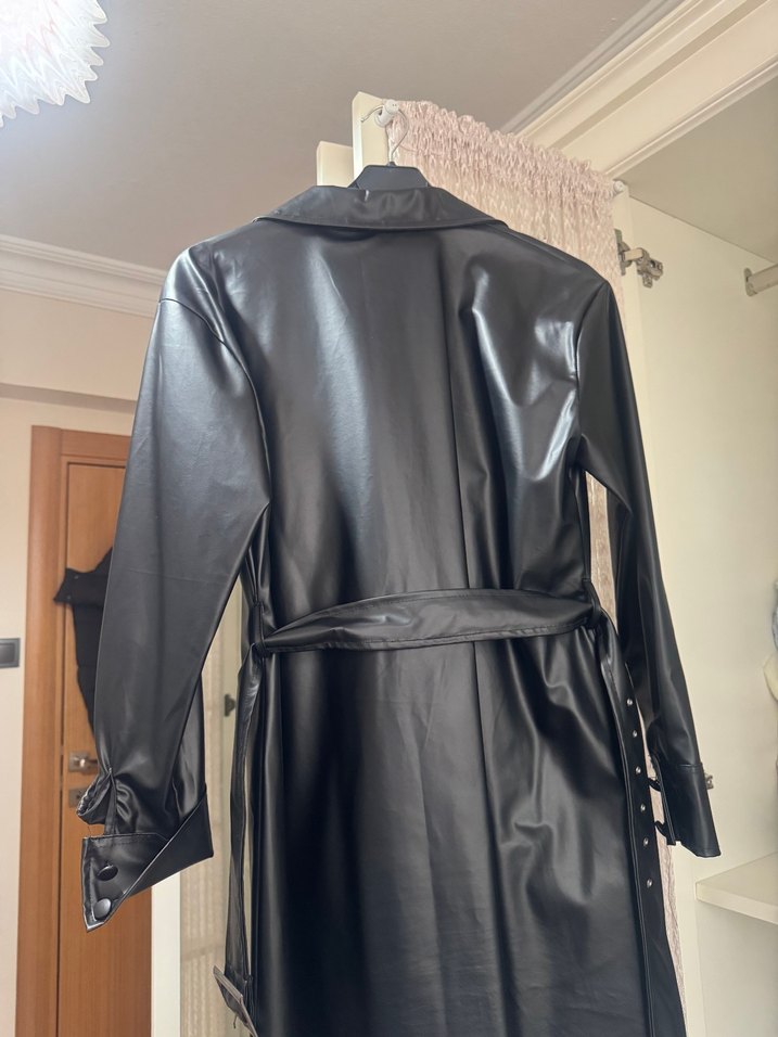 Kemerli Siyah Deri Kadın Ceket - Görsel 4
