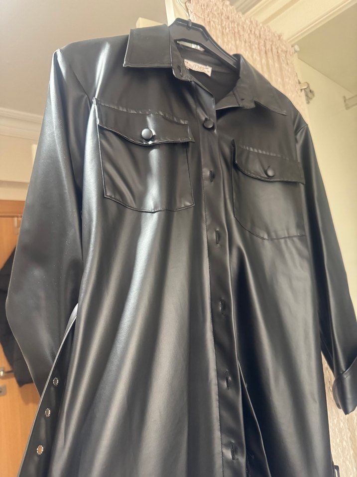 Kemerli Siyah Deri Kadın Ceket - Görsel 2