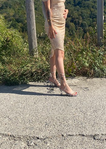 Bej Yılan Desenli elbise - Görsel 3