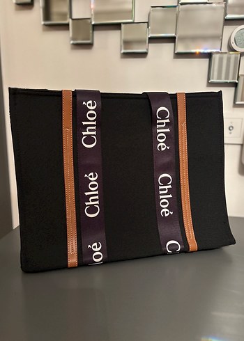  Beden Chloé Baskılı Kemerli Siyah Bez üzeri kahve deri detaylı Çanta