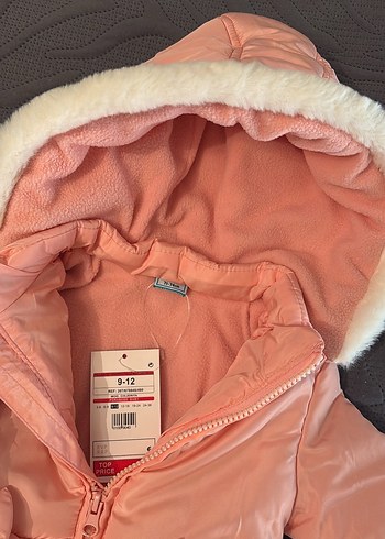 Kız Çocuk - Somon renk Kapüşonlu Kürklü Mont 9-12 ay - Görsel 2