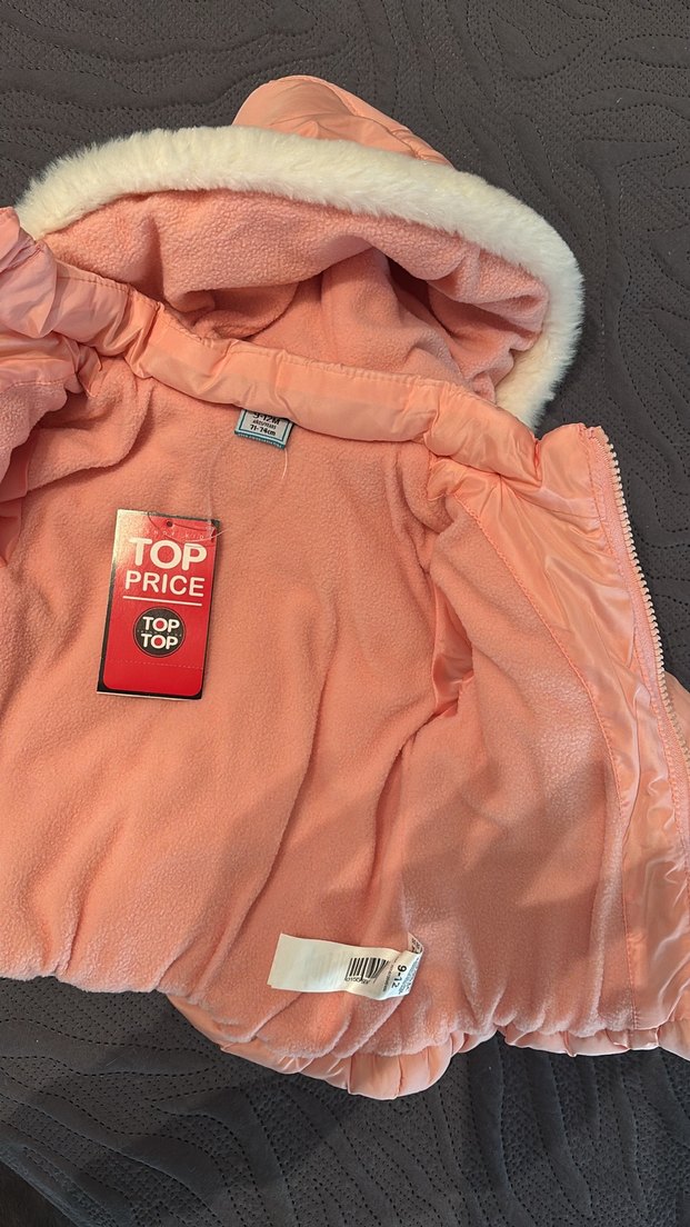 Kız Çocuk - Somon renk Kapüşonlu Kürklü Mont 9-12 ay - Görsel 4
