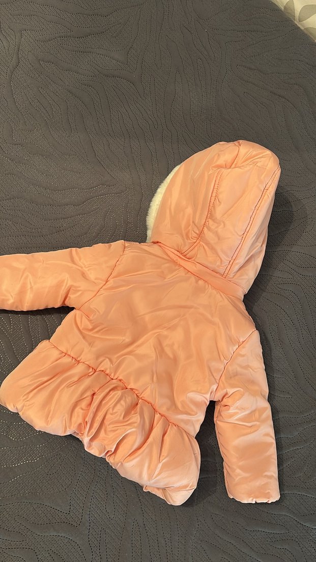 Kız Çocuk - Somon renk Kapüşonlu Kürklü Mont 9-12 ay - Görsel 3