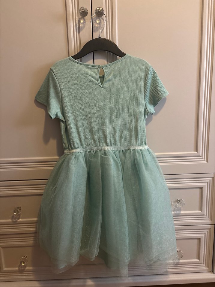 Kız Çocuk Turkuaz-Yeşil Tütülü Kısa Kollu Elbise - Görsel 2