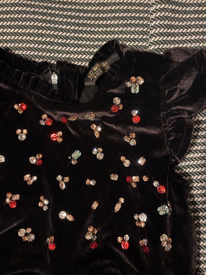 Siyah Kadife Renkli Taşlı çocuk abiye elbise - Görsel 2