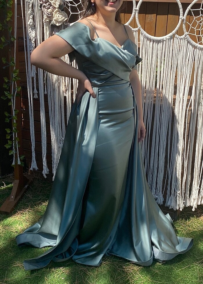 Kalın saten kumaş su yeşili abiye elbise - Görsel 3