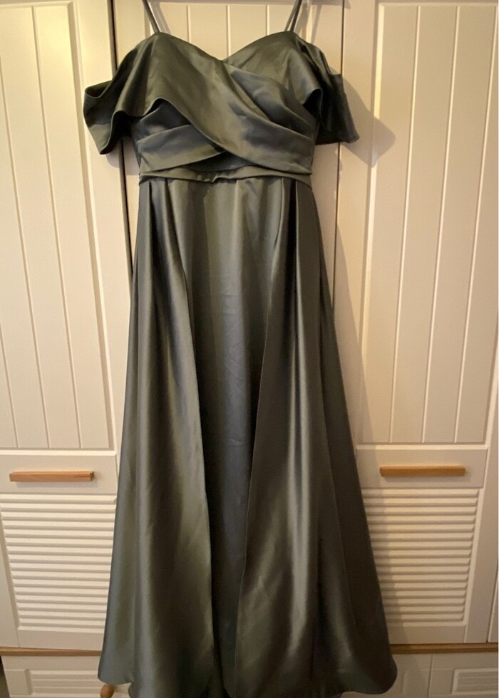 Kalın saten kumaş su yeşili abiye elbise - Görsel 2