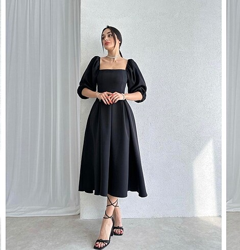 Siyah belden oturan kloş midi elbise