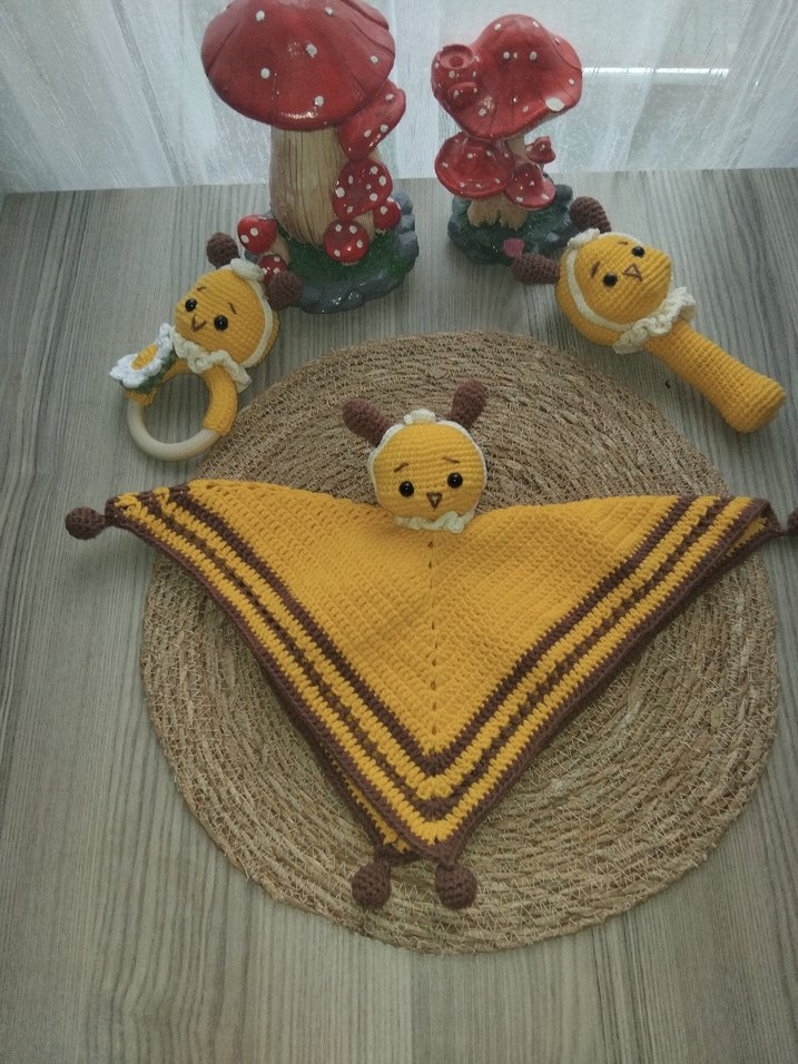 Sarı Örgü Diş Kaşıyıcı ve Çıngırak Seti uyku arkadası - Görsel 2