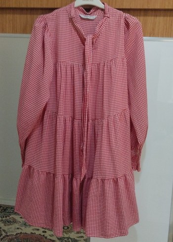 Pembe Ekose Desenli Uzun Kollu Fırfırlı Tunik