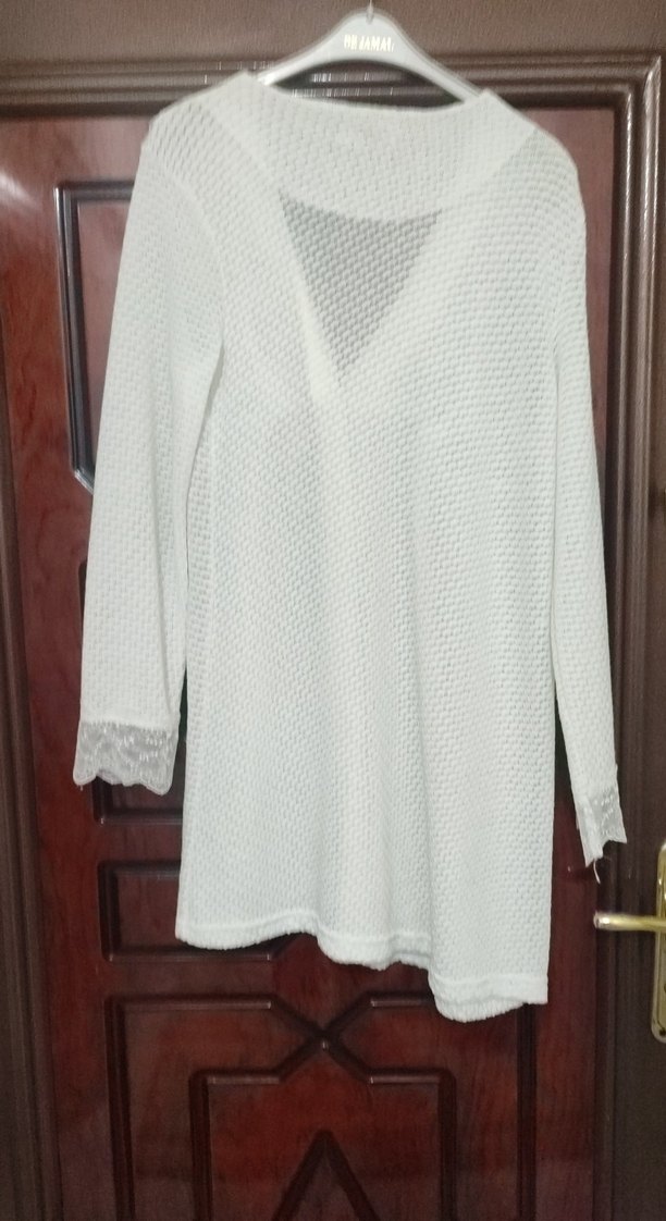 Uzun Kollu Beyaz Kadın Sabahlık - Görsel 5