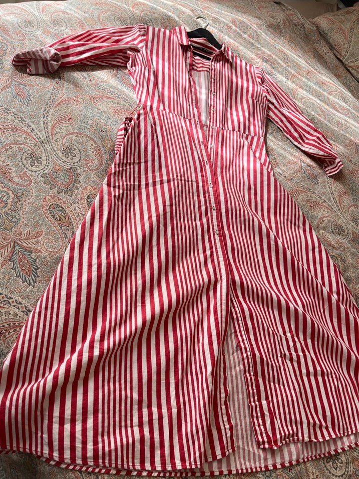 Kadın Kırmızı Çizgili Uzun  Elbise - Görsel 5