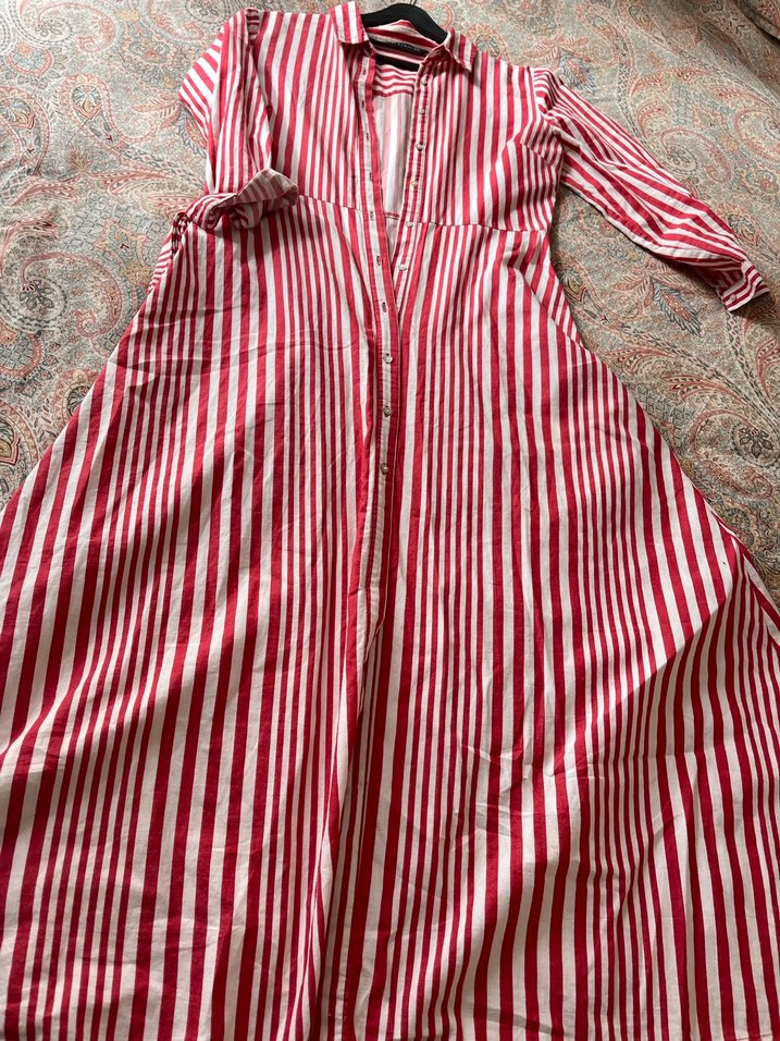 Kadın Kırmızı Çizgili Uzun  Elbise - Görsel 2
