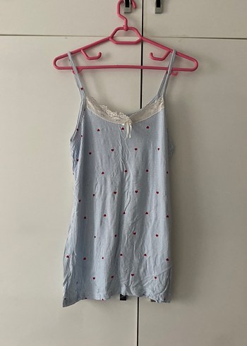 l Beden Nakışlı Mavi Mini İp Askılı Pijama Takımı