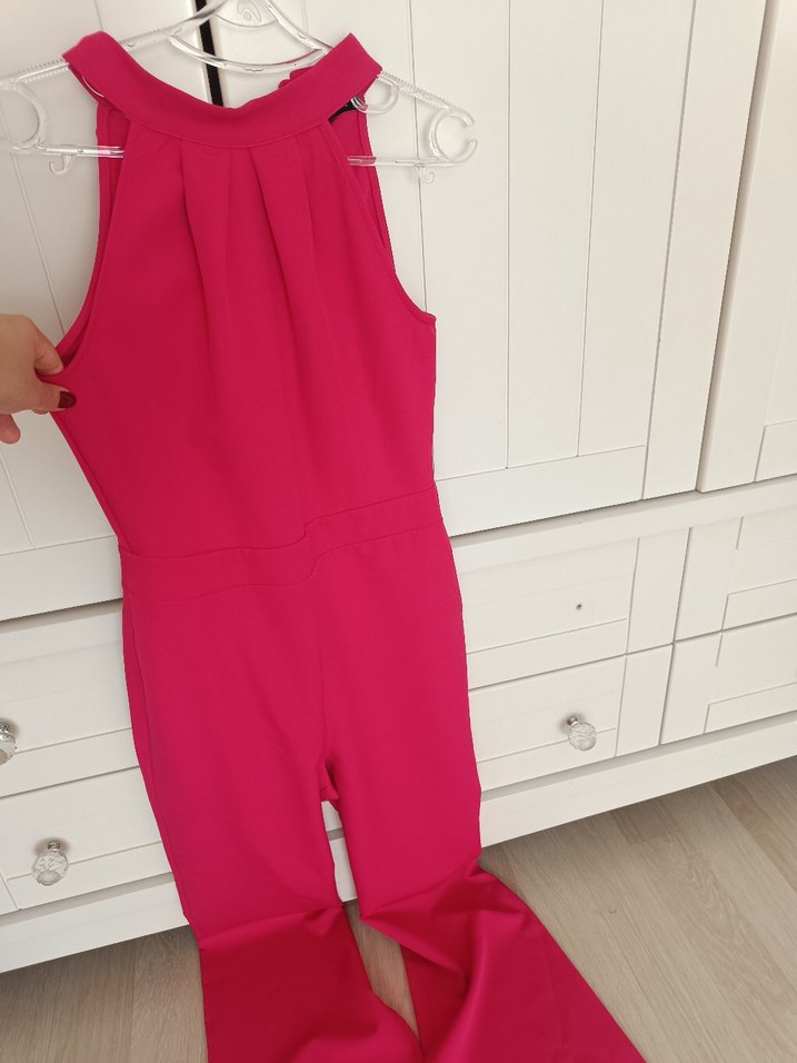 Pembe Yüksek Yakalı Drapeli Kadın Tulum - Görsel 2