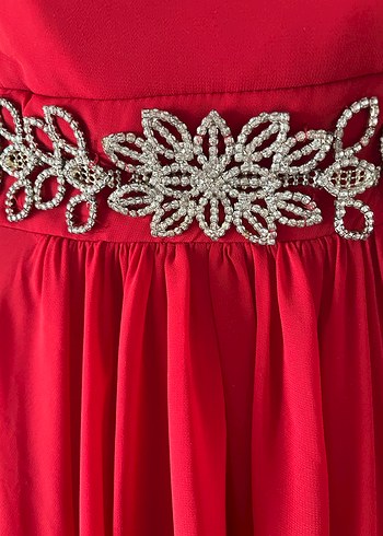 Kırmızı V Yaka Uzun Kollu Abiye Elbise - Görsel 5