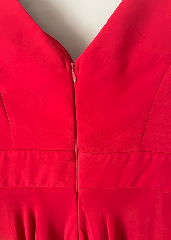 Kırmızı V Yaka Uzun Kollu Abiye Elbise - Görsel 4