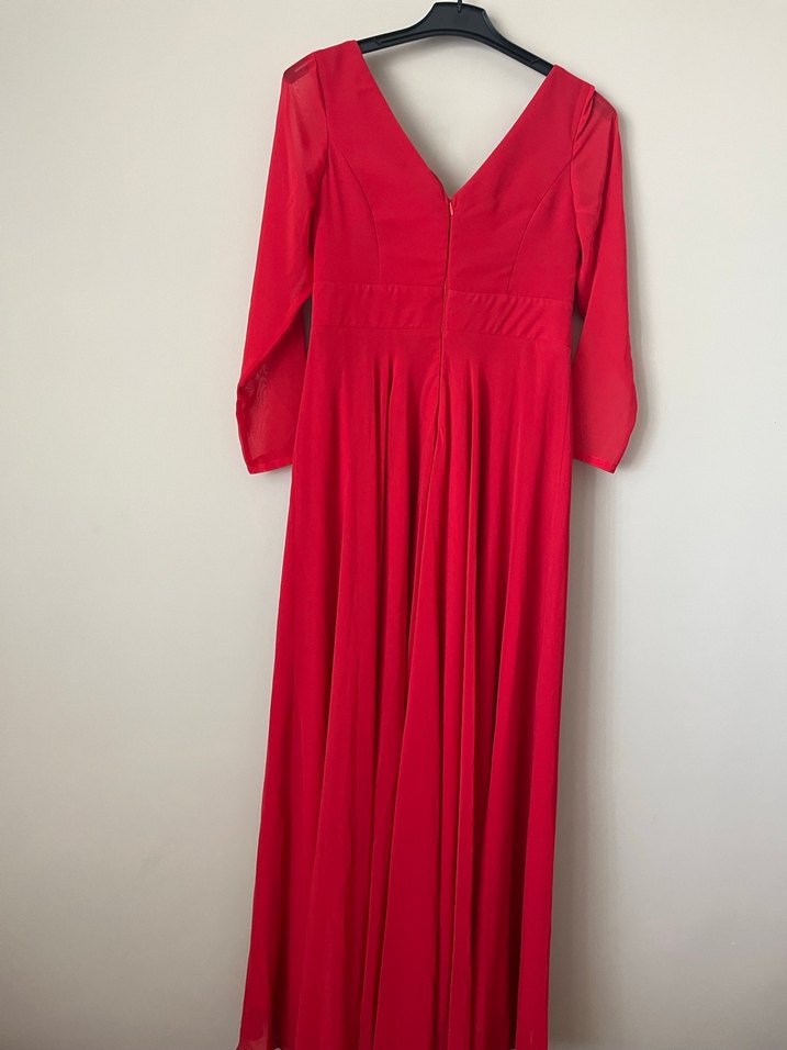 Kırmızı V Yaka Uzun Kollu Abiye Elbise - Görsel 3
