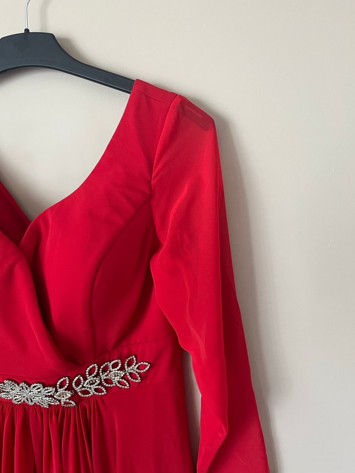 Kırmızı V Yaka Uzun Kollu Abiye Elbise - Görsel 2