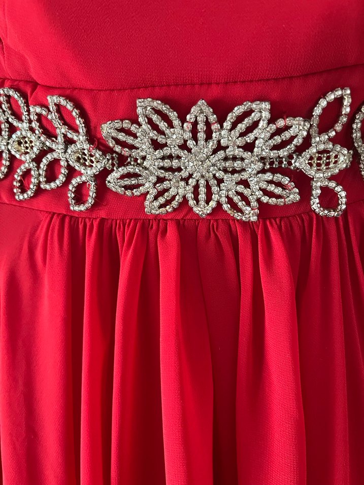 Kırmızı V Yaka Uzun Kollu Abiye Elbise - Görsel 5