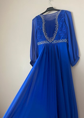 Mavi Uzun Kollu İşlemeli Abiye Elbise - Görsel 4