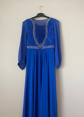 Mavi Uzun Kollu İşlemeli Abiye Elbise - Görsel 3