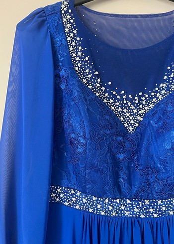 Mavi Uzun Kollu İşlemeli Abiye Elbise - Görsel 2