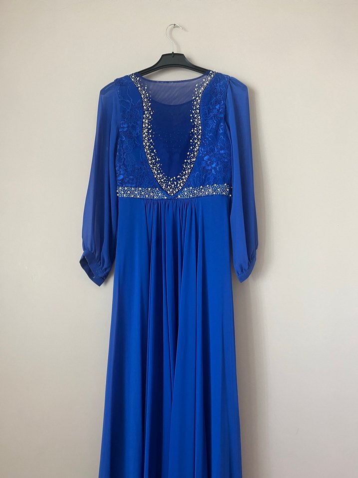 Mavi Uzun Kollu İşlemeli Abiye Elbise - Görsel 3