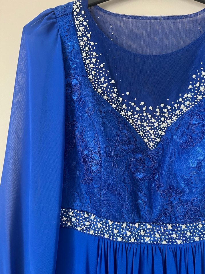 Mavi Uzun Kollu İşlemeli Abiye Elbise - Görsel 2