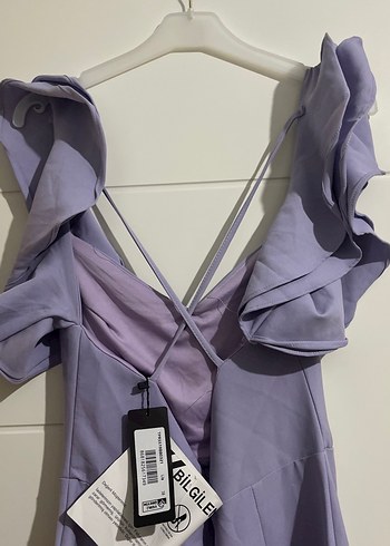 Uzun Mor V Yakalı Fırfırlı Abiye Elbise - Görsel 3