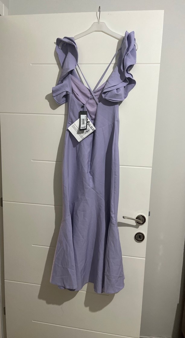 Uzun Mor V Yakalı Fırfırlı Abiye Elbise - Görsel 2