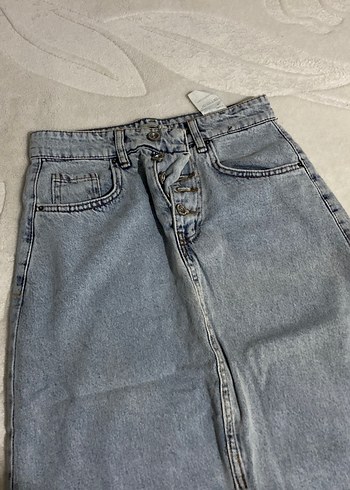 Düğmeli Gri Midi Denim Etek - Görsel 2