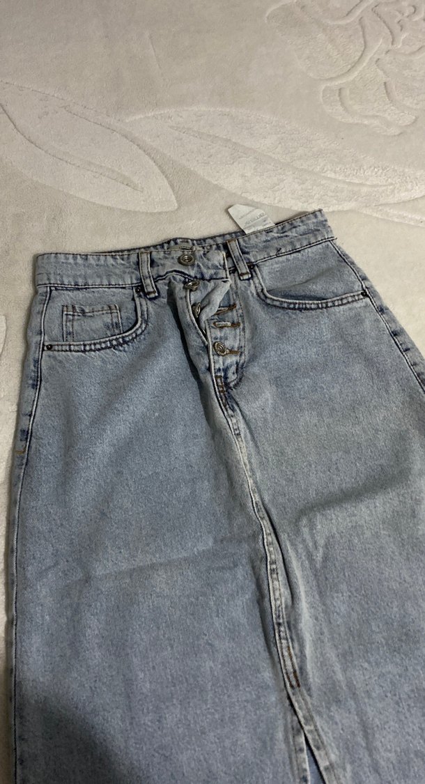 Düğmeli Gri Midi Denim Etek - Görsel 2