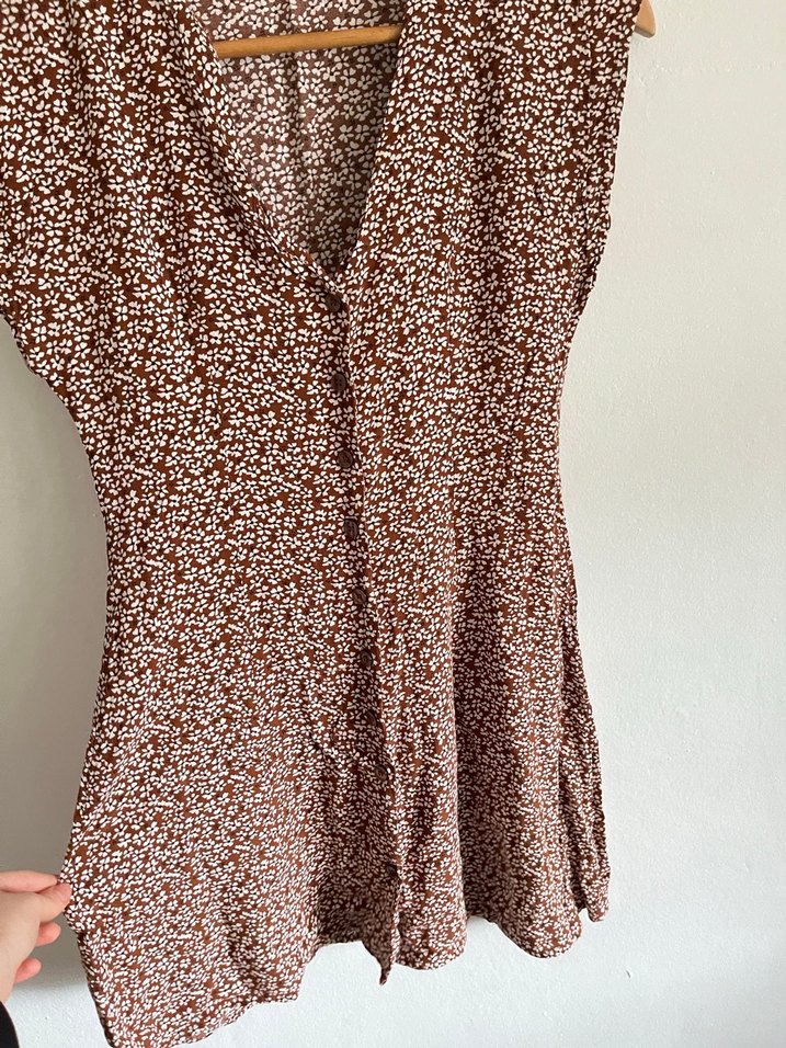 Bohem Midi Kahverengi V Yaka Elbise - Görsel 2