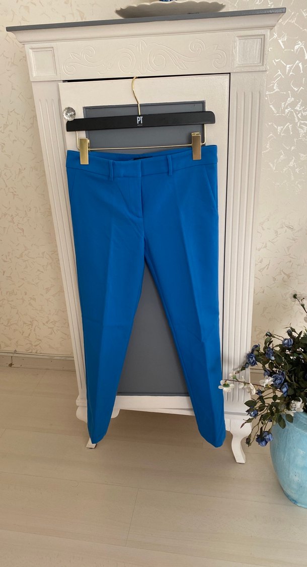 Kadın Mavi Kumaş Kemerli Pantolon - Görsel 2