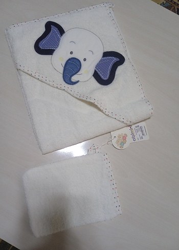 Albimini Bebek Havlu Mavi Beyaz Fil Desenli - Görsel 2