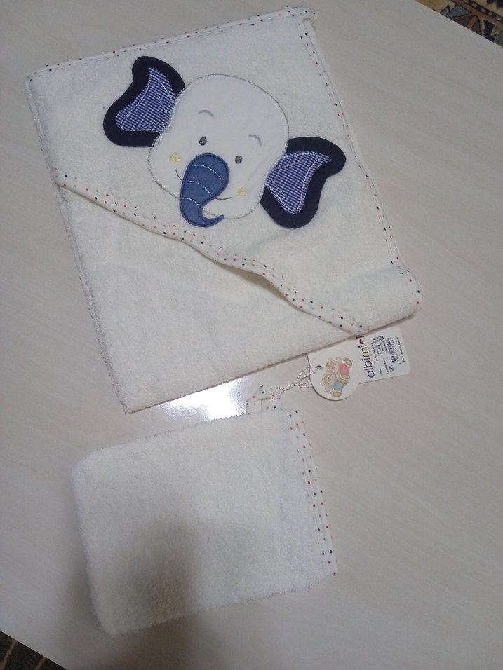 Albimini Bebek Havlu Mavi Beyaz Fil Desenli - Görsel 2