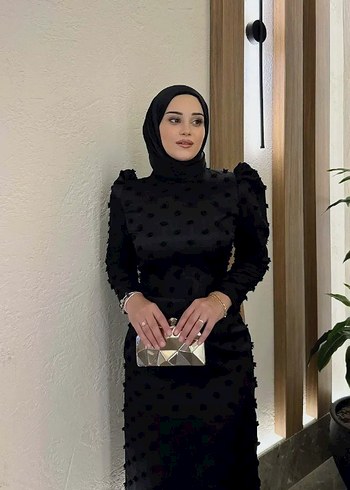 Uzun Kollu Siyah Puantiyeli Uzun Abiye Elbise - Görsel 2