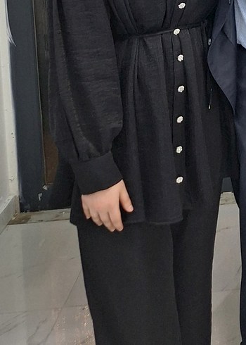 Düğmeli Siyah Kadın Uzun Tesettür Alt Üst Takım - Görsel 5