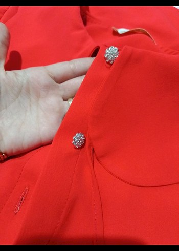 Düğmeli Kırmızı Vintage Kadın Gömlek - Görsel 4