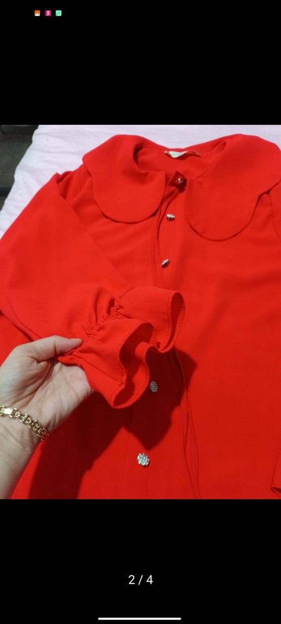 Düğmeli Kırmızı Vintage Kadın Gömlek - Görsel 2