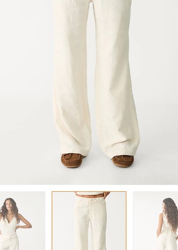 Beyaz Keten Karışımlı İşlemeli Straight Fit Pantolon