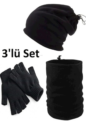 Siyah Örgü Parmaksız Eldiven ve Boyunluk Seti - Görsel 2