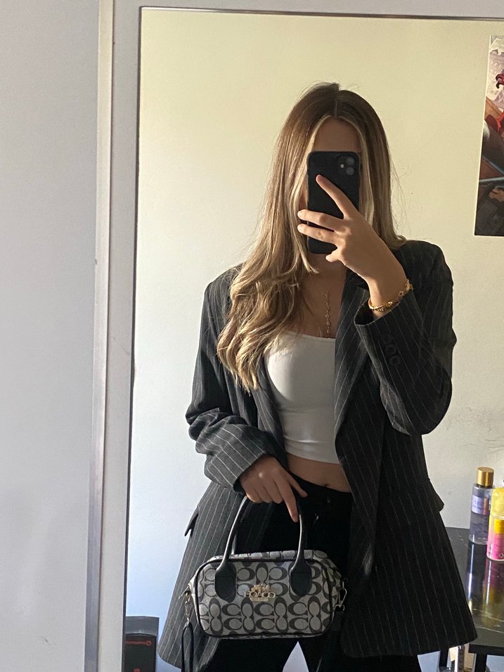 Gri Çizgili Kadın Blazer Ceket - Görsel 2