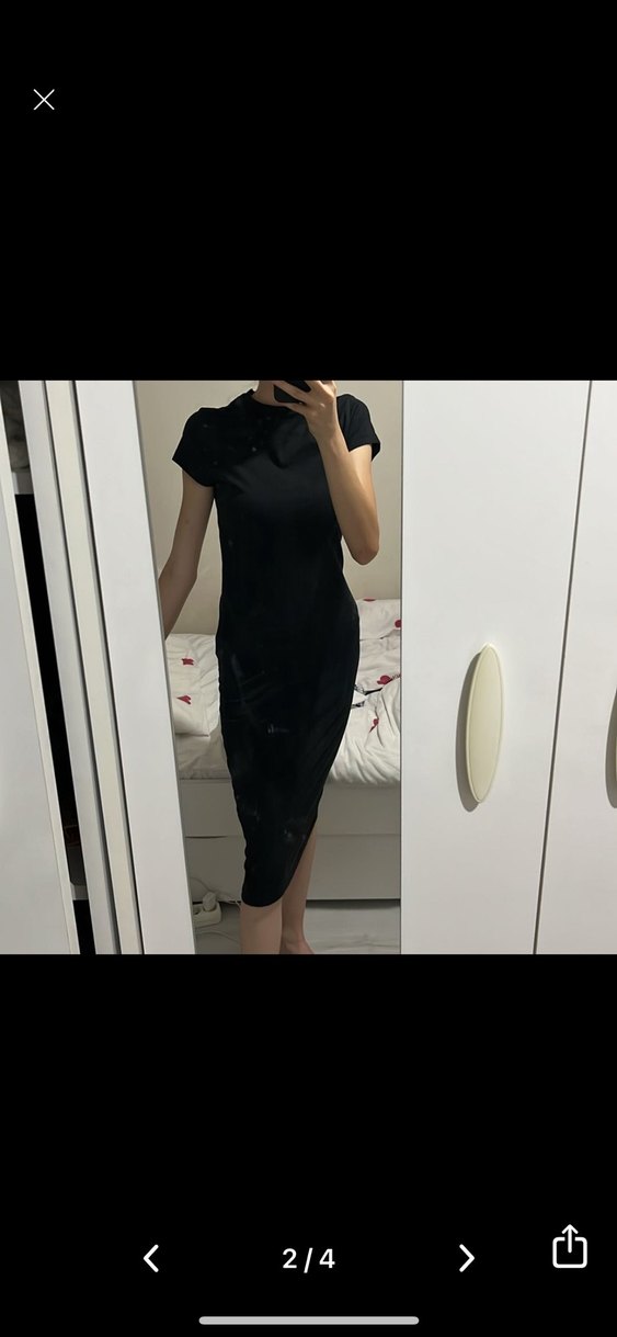 Siyah Kısa Kollu Midi Elbise - Görsel 2